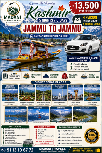 KASHMIR TOUR PACKAGE-JAMMU TO JAMMU -4 PAX-5N/6D